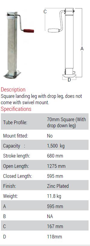 (198406) AL-KO 1500kg Square 70mm with drop leg Landing Leg