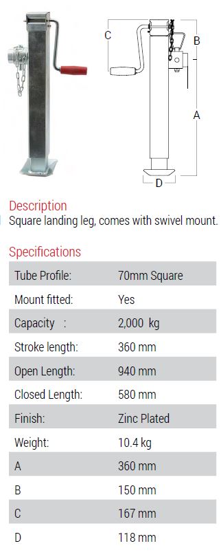 (198410) AL-KO 2000kg Square 70mm Landing Leg with WTM