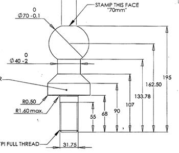 (108608) 70mm Towball with 31.75mm shank  4.5 tonne capacity